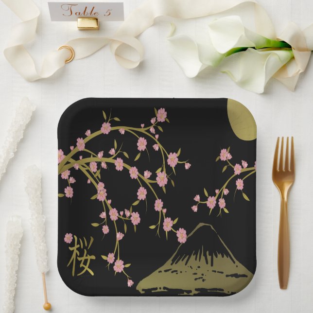 Pink Sakura Gold Black Japanese Screen Paper Plate (Wedding)