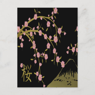 Pink Sakura Gold Black Japanese Screen Postcard