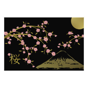 Pink Sakura Gold Black Japanese Screen Poster