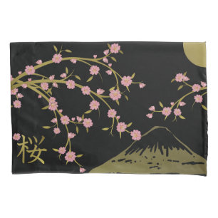 Pink Sakura Gold Black Japanese Screen Poster Pillowcase