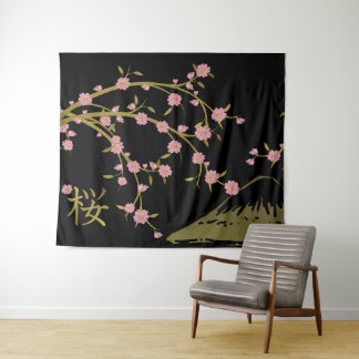 Pink Sakura Gold Black Japanese Screen Poster Tapestry