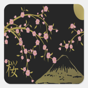 Pink Sakura Gold Black Japanese Screen Square Sticker