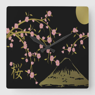 Pink Sakura Gold Black Japanese Screen Square Wall Clock