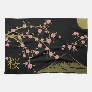 Pink Sakura Gold Black Japanese Screen Tea Towel