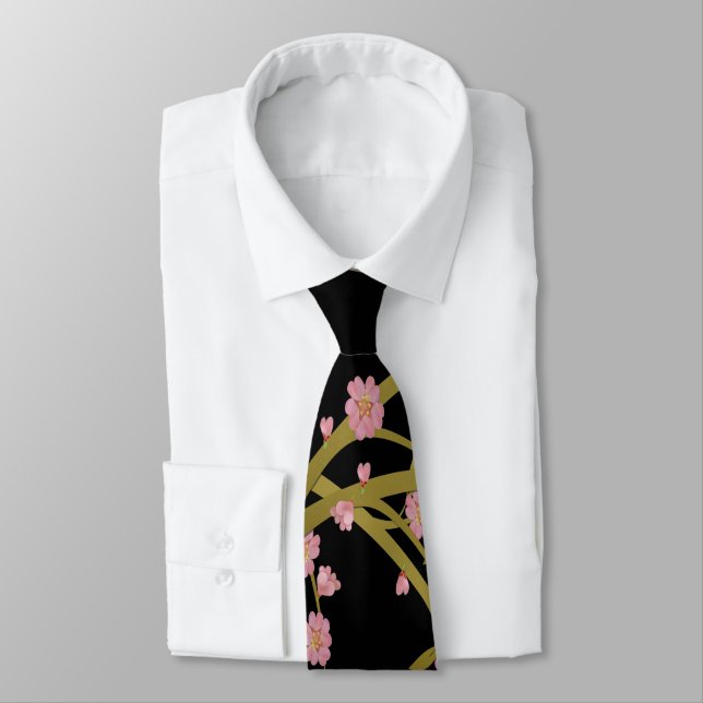 Pink Sakura Gold Black Japanese Screen Tie (Tied)