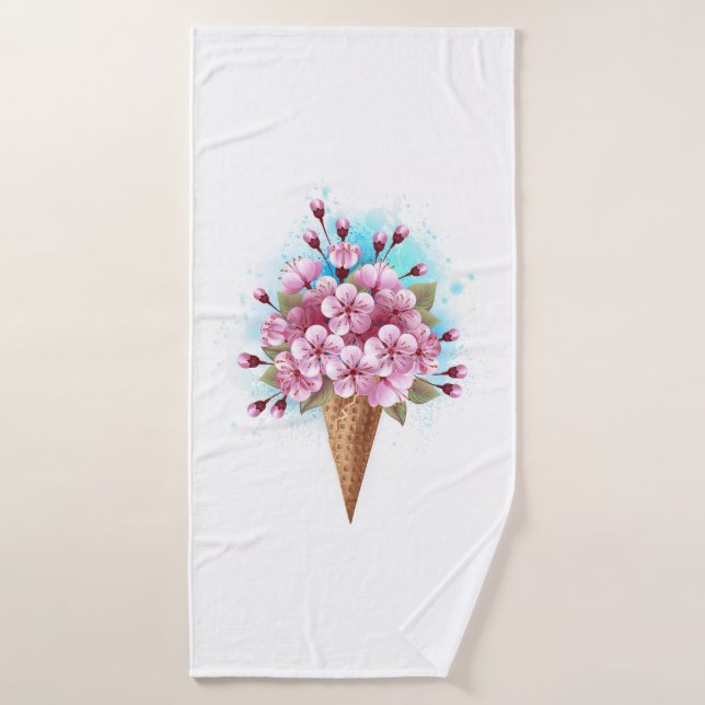 Pink Sakura Ice Cream Waffle Cone Bath Towel (Bath Towel)