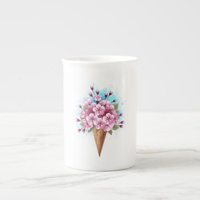 Pink Sakura Ice Cream Waffle Cone Bone China Mug (Front)