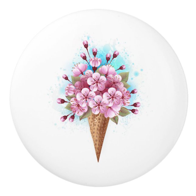 Pink Sakura Ice Cream Waffle Cone Ceramic Knob (Front)