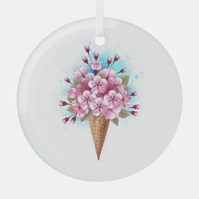 Pink Sakura Ice Cream Waffle Cone Glass Tree Decoration (Front)