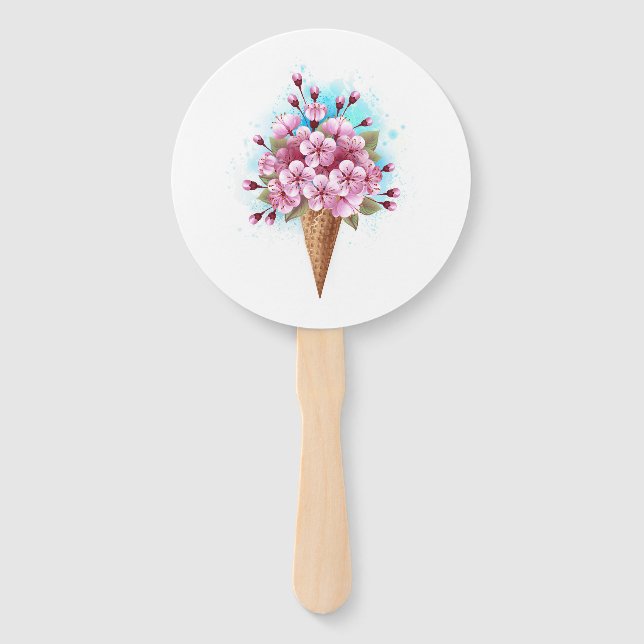Pink Sakura Ice Cream Waffle Cone Hand Fan (Front)