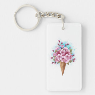 Pink Sakura Ice Cream Waffle Cone Key Ring