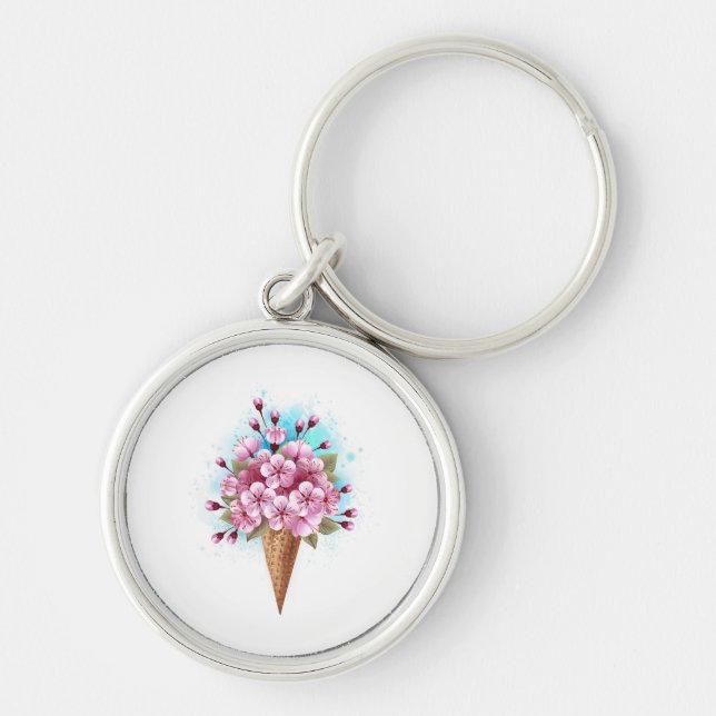 Pink Sakura Ice Cream Waffle Cone Key Ring (Front)