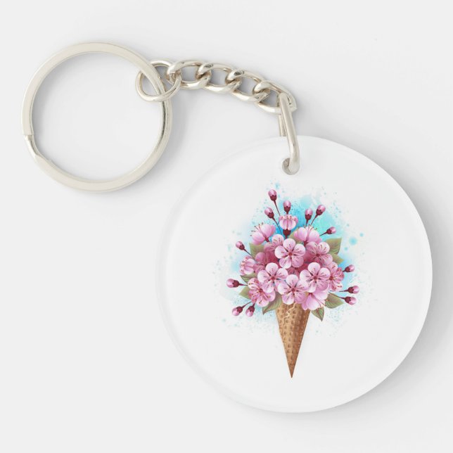 Pink Sakura Ice Cream Waffle Cone Key Ring (Front)