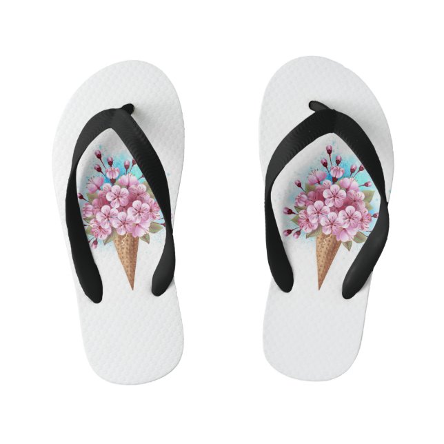 Pink Sakura Ice Cream Waffle Cone Kid's Flip Flops (Footbed)