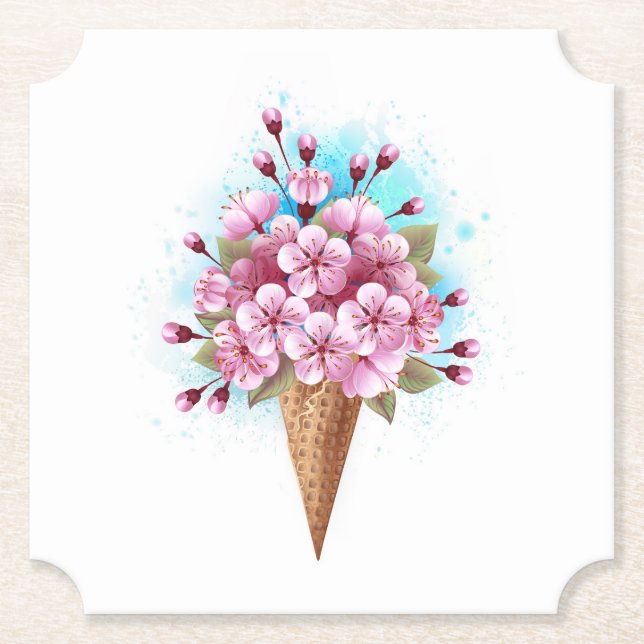 Pink Sakura Ice Cream Waffle Cone Paper Coaster (Front)