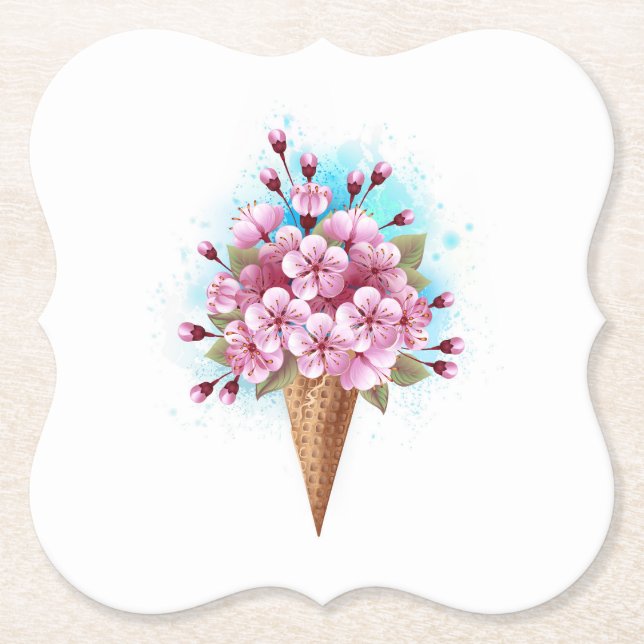 Pink Sakura Ice Cream Waffle Cone Paper Coaster (Front)