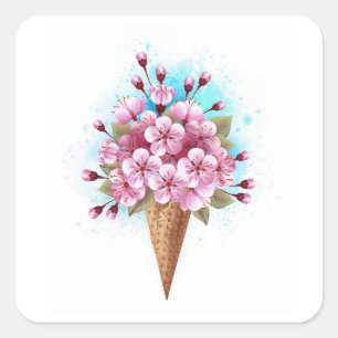 Pink Sakura Ice Cream Waffle Cone Square Sticker