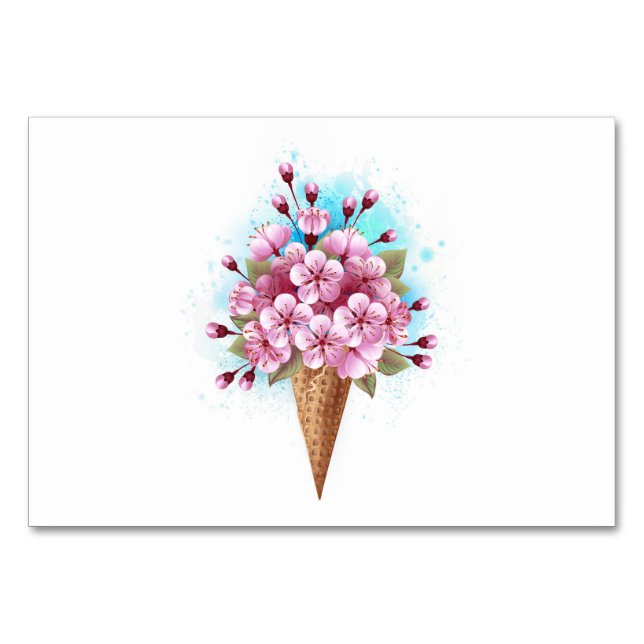 Pink Sakura Ice Cream Waffle Cone Table Number (Front)