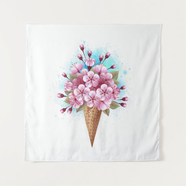 Pink Sakura Ice Cream Waffle Cone Tapestry (Front)