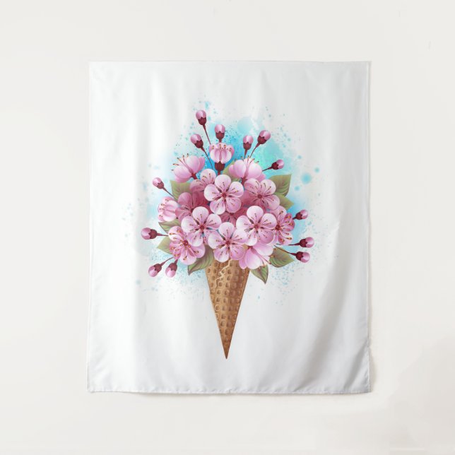 Pink Sakura Ice Cream Waffle Cone Tapestry (Front)