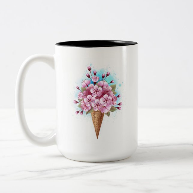 Pink Sakura Ice Cream Waffle Cone Two-Tone Coffee Mug (Left)