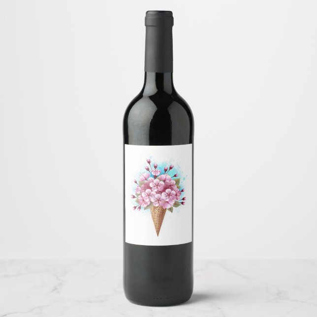 Pink Sakura Ice Cream Waffle Cone Wine Label (Front)