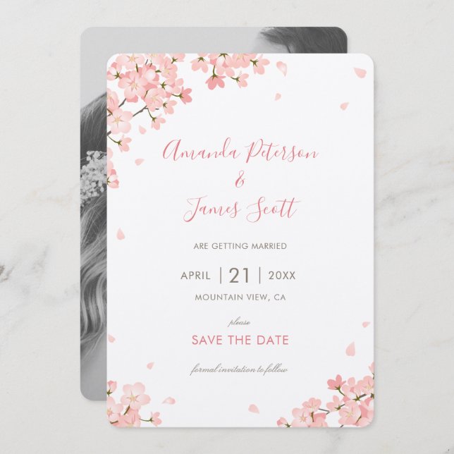 Pink Sakura Japanese Cherry Blossoms Save the Date Invitation (Front/Back)