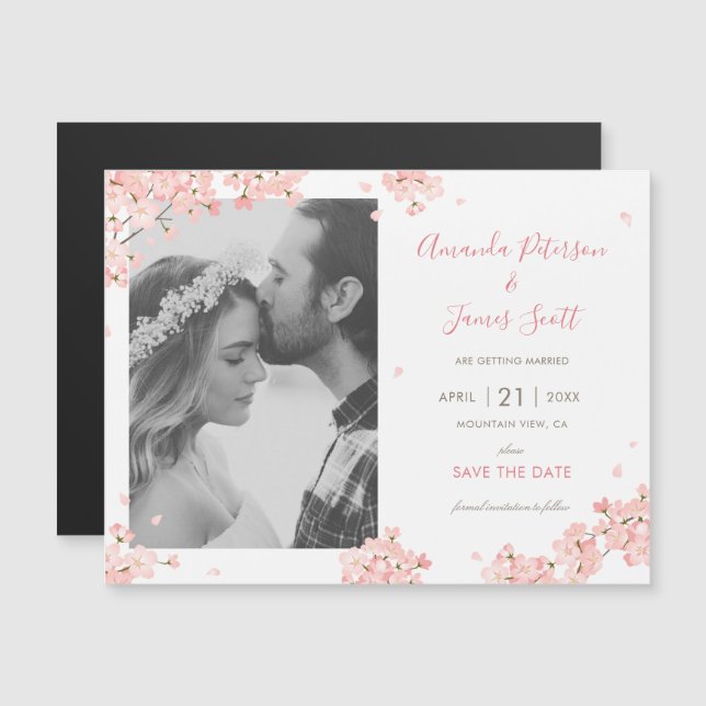 Pink Sakura Japanese Cherry Blossoms Save The Date Magnetic Invitation (Front/Back)