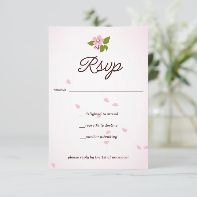 Pink Sakura Japanese Cherry Blossoms Wedding RSVP Card (Standing Front)