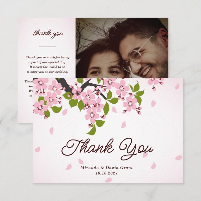 Pink Sakura Japanese Cherry Blossoms Wedding Thank You Card (Front/Back)