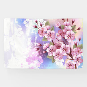 Pink Sakura on Painting Background Banner