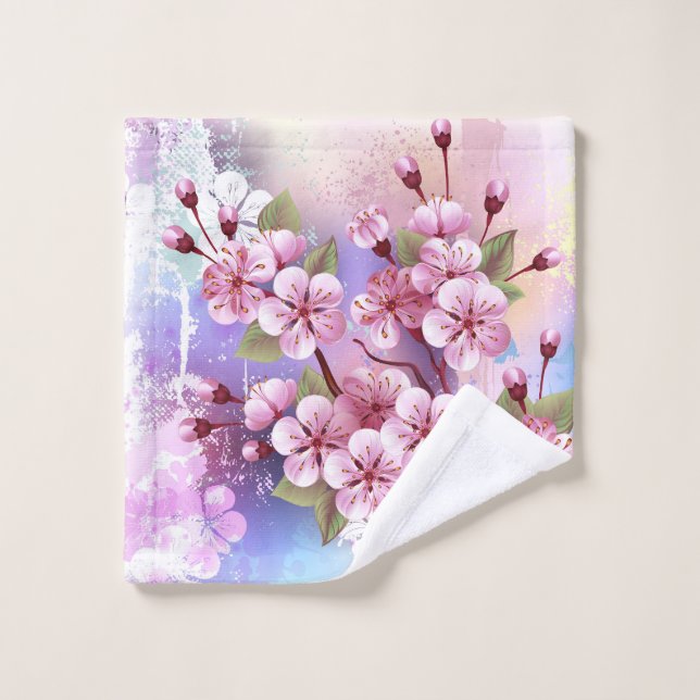 Pink Sakura on Painting Background Bath Towel Set (Wash Cloth)