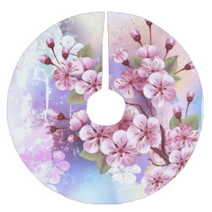 Pink Sakura on Painting Background Brushed Polyester Tree Skirt