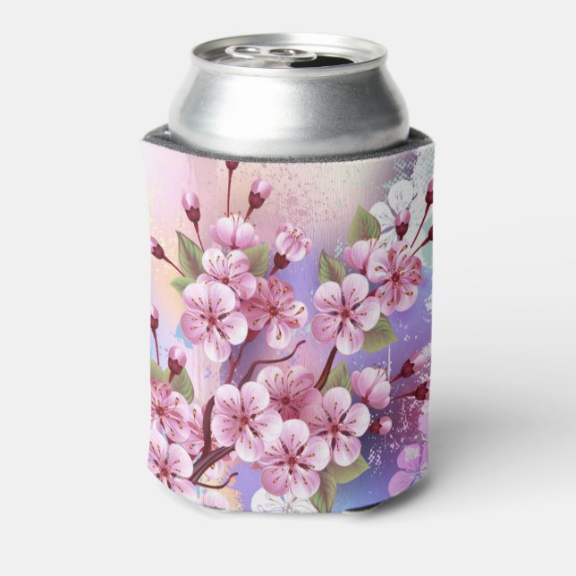 Pink Sakura on Painting Background Can Cooler (Can Back)