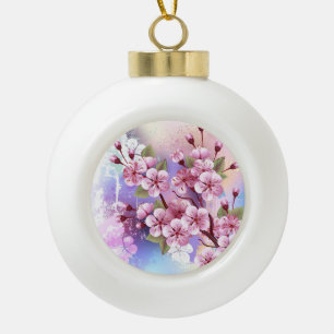 Pink Sakura on Painting Background Ceramic Ball Christmas Ornament