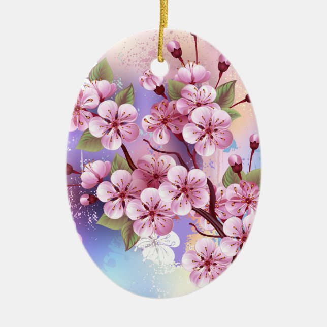 Pink Sakura on Painting Background Ceramic Tree Decoration (Front)