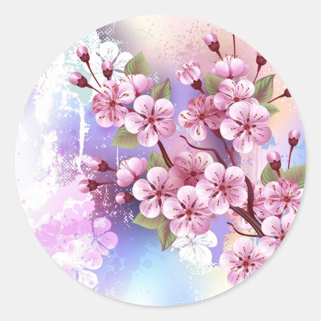 Pink Sakura on Painting Background Classic Round Sticker (Front)
