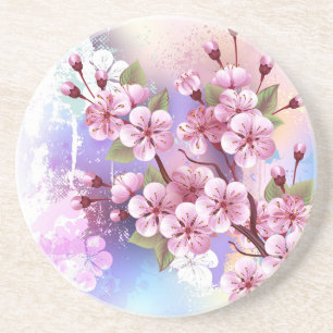 Pink Sakura on Painting Background Coaster