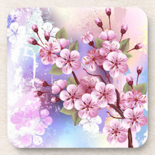 Pink Sakura on Painting Background Coaster