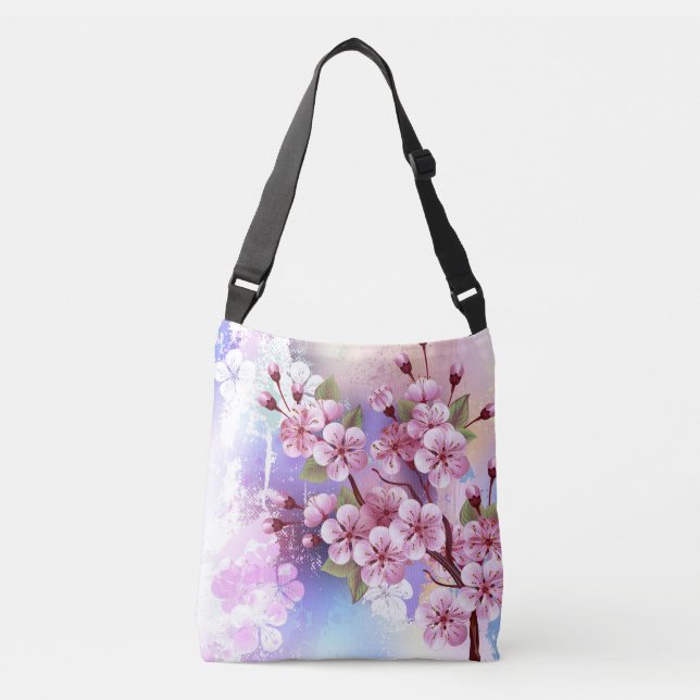 Pink Sakura on Painting Background Crossbody Bag (Front)