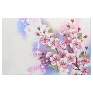 Pink Sakura on Painting Background Fabric