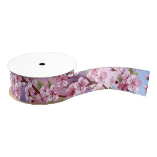 Pink Sakura on Painting Background Grosgrain Ribbon