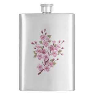 Pink Sakura on Painting Background Hip Flask