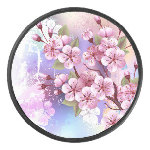 Pink Sakura on Painting Background Hockey Puck