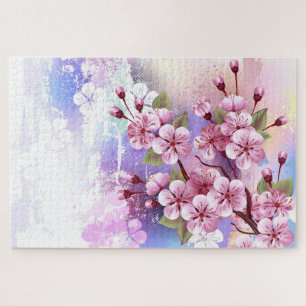 Pink Sakura on Painting Background Jigsaw Puzzle