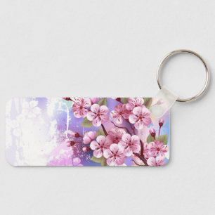 Pink Sakura on Painting Background Key Ring