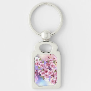 Pink Sakura on Painting Background Key Ring