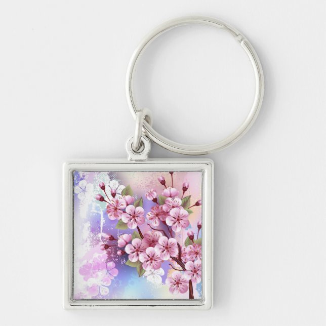 Pink Sakura on Painting Background Key Ring (Front)