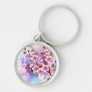 Pink Sakura on Painting Background Key Ring