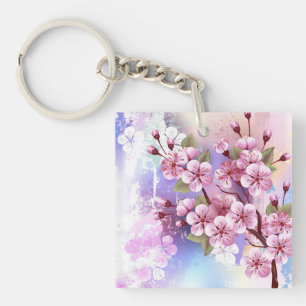 Pink Sakura on Painting Background Key Ring